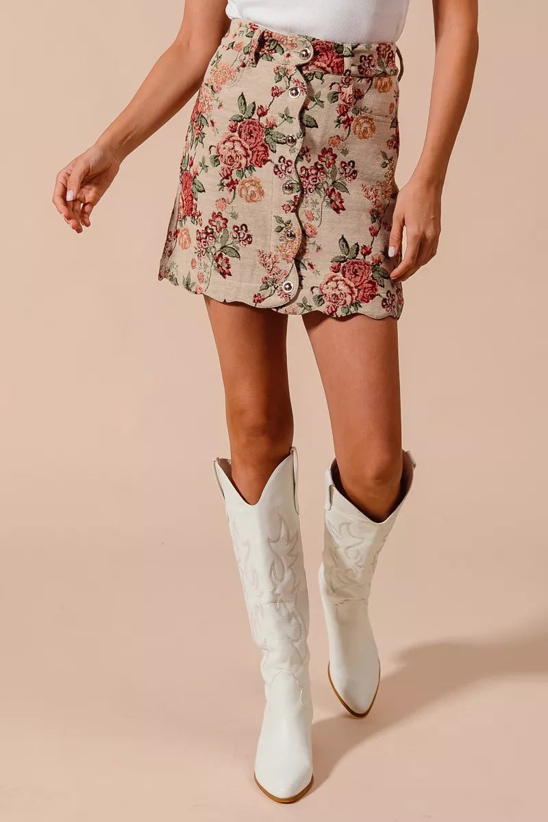 Floral Jacquard Button Front Mini Skirt-Floral Jacquard Button Front Mini Skirt with scalloped hem. Chic, textured design with pockets for a versatile and feminine look. Perfect fall transition staple.-Reef Love