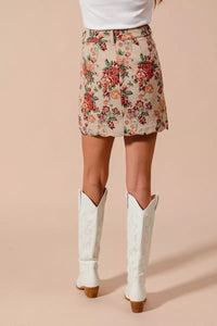 Floral Jacquard Button Front Mini Skirt-Floral Jacquard Button Front Mini Skirt with scalloped hem. Chic, textured design with pockets for a versatile and feminine look. Perfect fall transition staple.-Reef Love