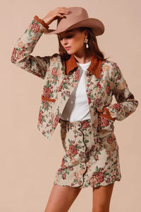 Floral Jacquard Button Front Mini Skirt-Floral Jacquard Button Front Mini Skirt with scalloped hem. Chic, textured design with pockets for a versatile and feminine look. Perfect fall transition staple.-Reef Love