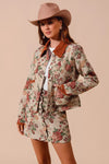 Floral Jacquard Button Front Mini Skirt-Floral Jacquard Button Front Mini Skirt with scalloped hem. Chic, textured design with pockets for a versatile and feminine look. Perfect fall transition staple.-Reef Love