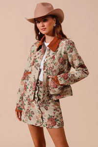 Floral Jacquard Button Front Mini Skirt-Floral Jacquard Button Front Mini Skirt with scalloped hem. Chic, textured design with pockets for a versatile and feminine look. Perfect fall transition staple.-Reef Love