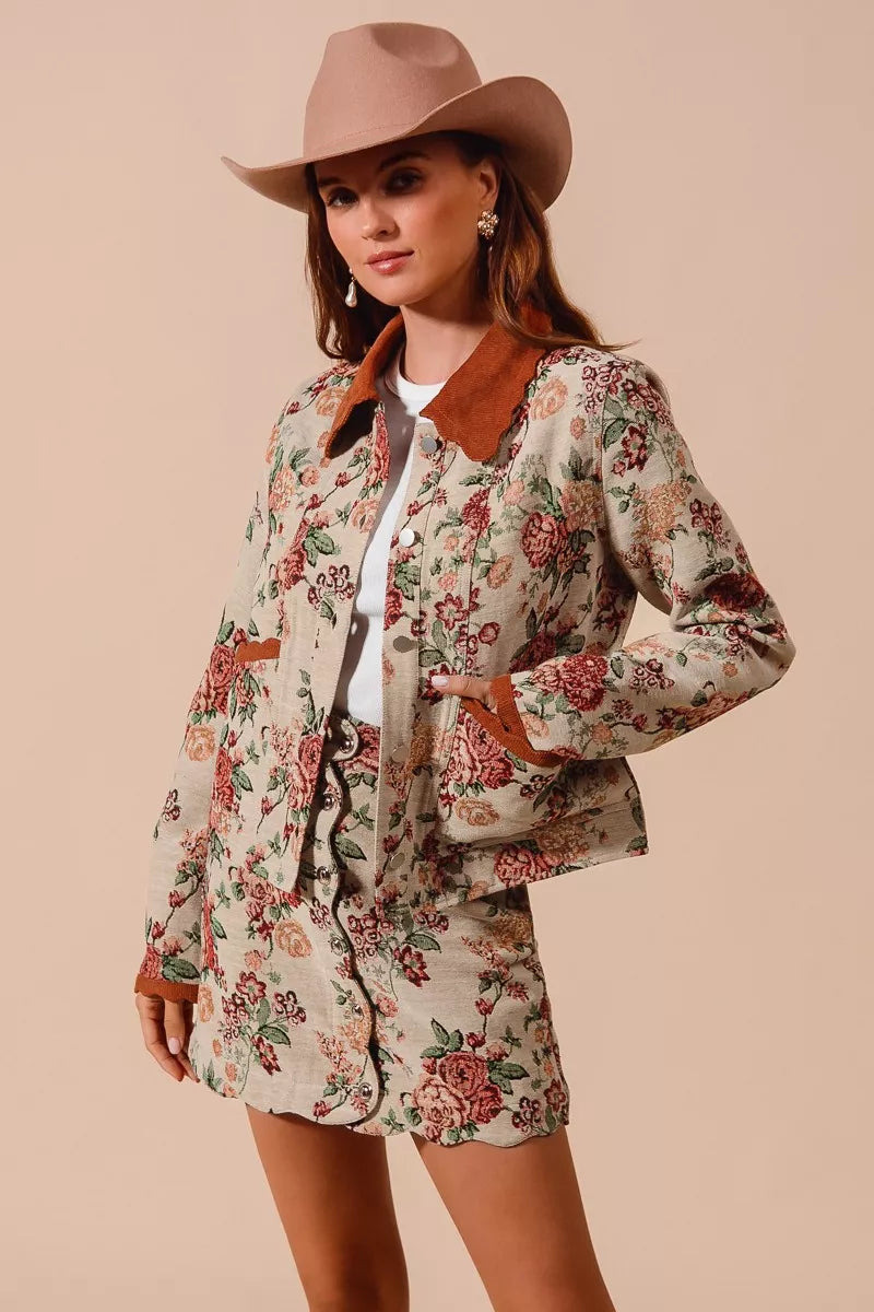 Floral Jacquard Button Front Mini Skirt-Floral Jacquard Button Front Mini Skirt with scalloped hem. Chic, textured design with pockets for a versatile and feminine look. Perfect fall transition staple.-Reef Love