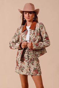 Floral Jacquard Button Front Mini Skirt-Floral Jacquard Button Front Mini Skirt with scalloped hem. Chic, textured design with pockets for a versatile and feminine look. Perfect fall transition staple.-Reef Love