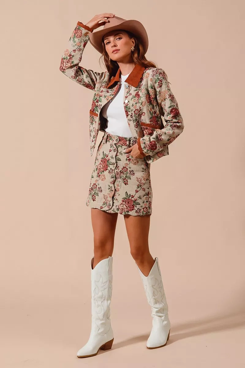 Floral Jacquard Button Front Mini Skirt-Floral Jacquard Button Front Mini Skirt with scalloped hem. Chic, textured design with pockets for a versatile and feminine look. Perfect fall transition staple.-Reef Love