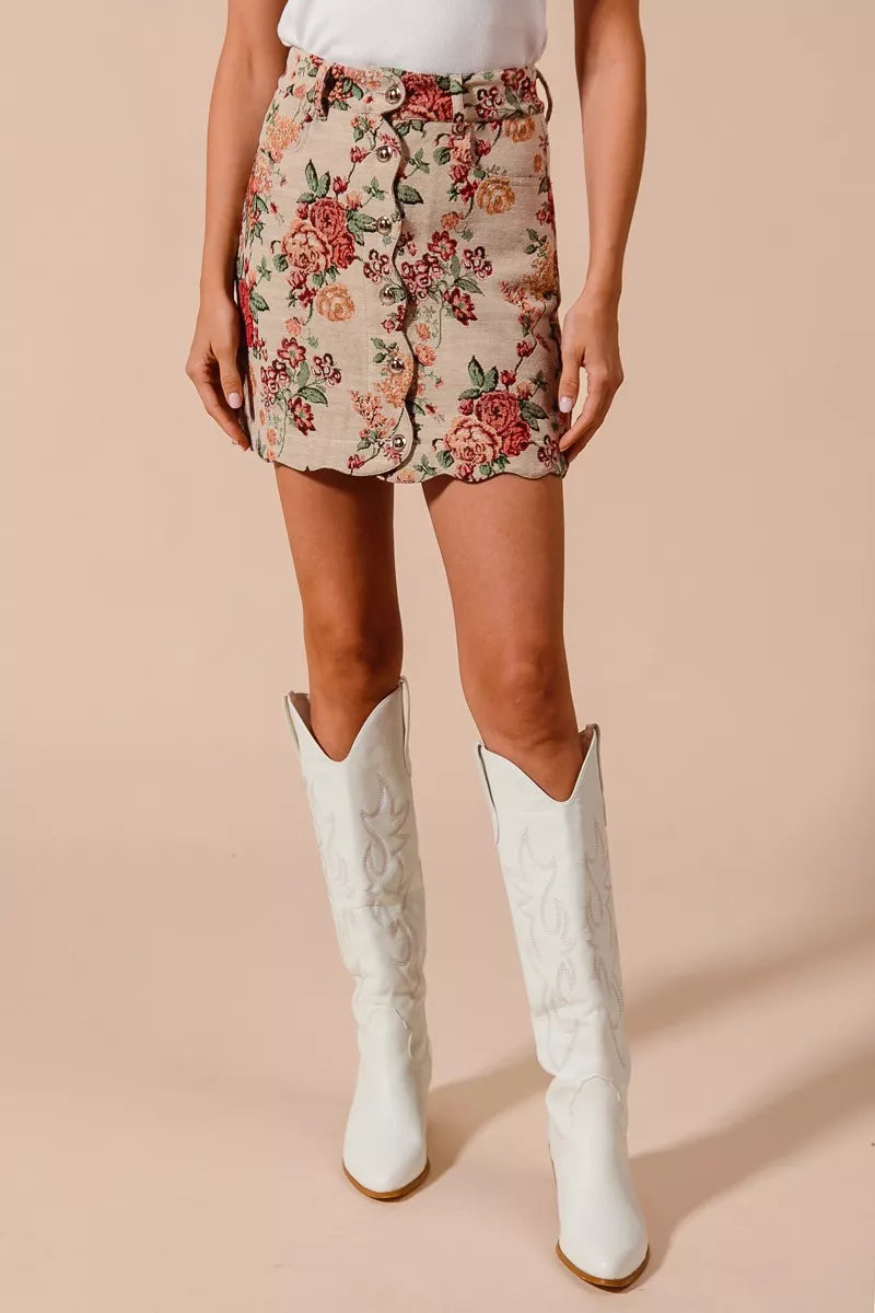 Floral Jacquard Button Front Mini Skirt-Floral Jacquard Button Front Mini Skirt with scalloped hem. Chic, textured design with pockets for a versatile and feminine look. Perfect fall transition staple.-Reef Love
