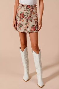 Floral Jacquard Button Front Mini Skirt-Floral Jacquard Button Front Mini Skirt with scalloped hem. Chic, textured design with pockets for a versatile and feminine look. Perfect fall transition staple.-Reef Love