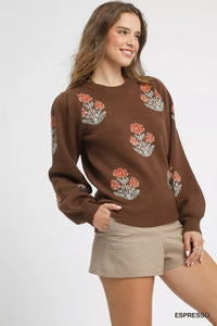 Floral Knit Sweater with Puff Sleeves, Espresso