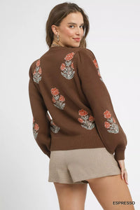 Floral Knit Sweater with Puff Sleeves, Espresso