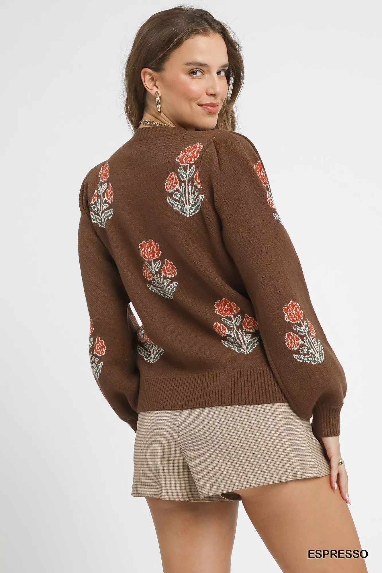 Floral Knit Sweater with Puff Sleeves, Espresso