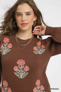 Floral Knit Sweater with Puff Sleeves, Espresso