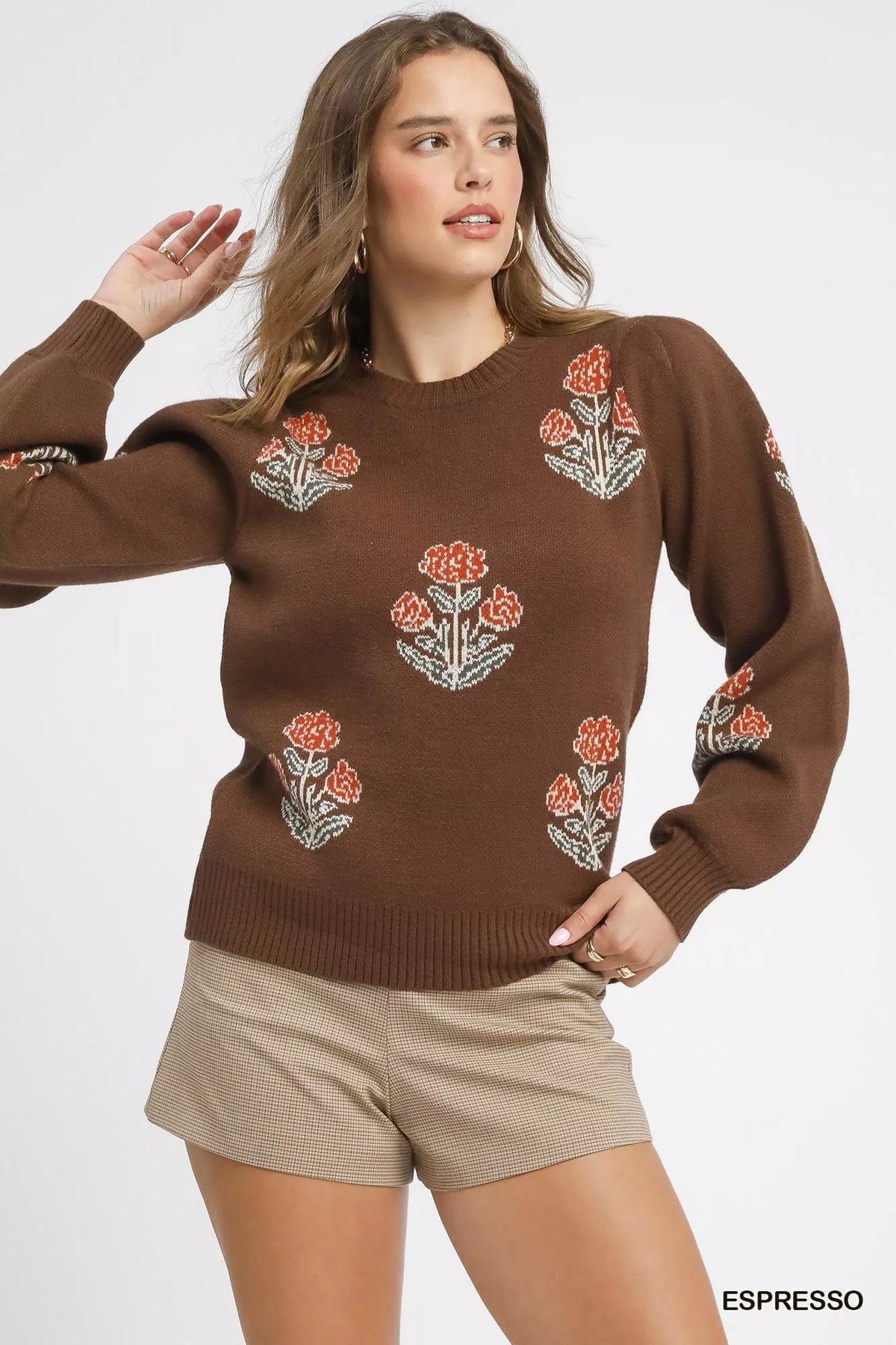 Floral Knit Sweater with Puff Sleeves, Espresso