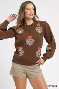 Floral Knit Sweater with Puff Sleeves, Espresso