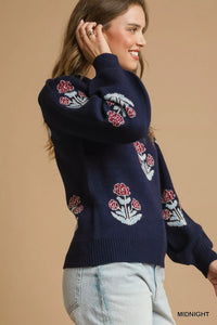 Floral Knit Sweater with Puff Sleeves, Midnight Blue-Reef Love
