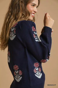 Floral Knit Sweater with Puff Sleeves, Midnight Blue-Reef Love