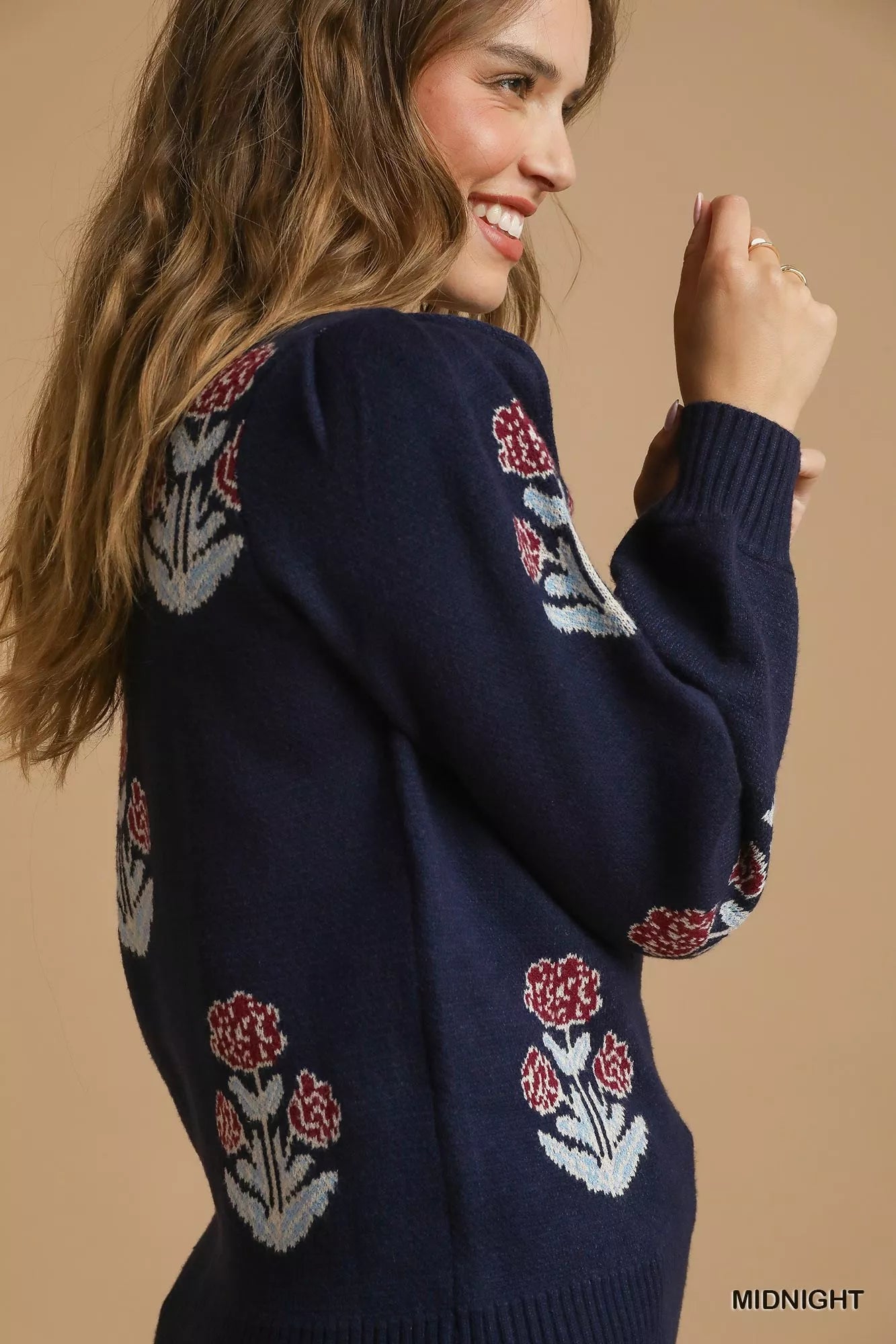 Floral Knit Sweater with Puff Sleeves, Midnight Blue-Reef Love