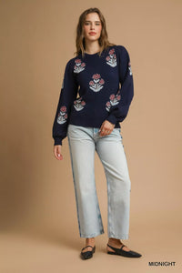 Floral Knit Sweater with Puff Sleeves, Midnight Blue-Reef Love