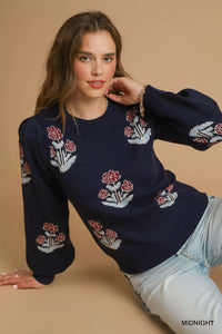 Floral Knit Sweater with Puff Sleeves, Midnight Blue-Reef Love