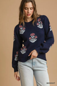 Floral Knit Sweater with Puff Sleeves, Midnight Blue-Reef Love