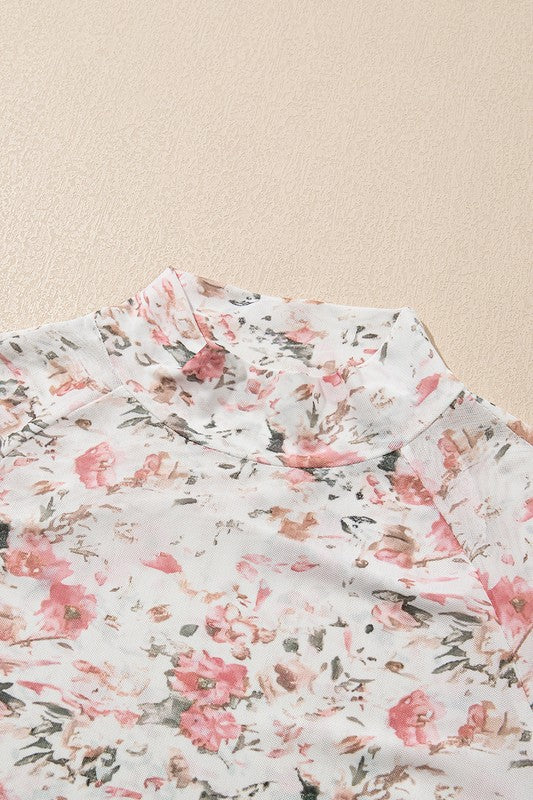 Floral Mesh High Neck Sheath Blouse-The chic mesh floral blouse is a delicate fusion of floral beauty and sophisticated style. The high neck design is perfect for a polished and professional look.-Reef Love