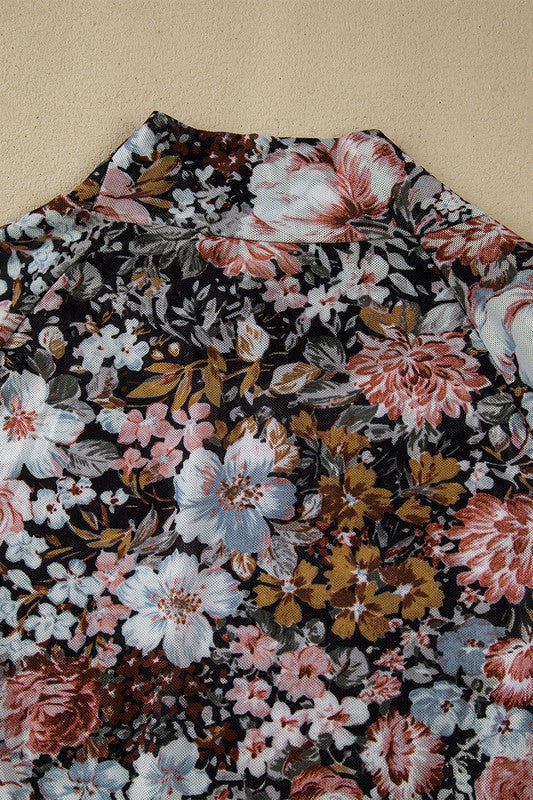 Floral Mesh High Neck Sheath Blouse-The chic mesh floral blouse is a delicate fusion of floral beauty and sophisticated style. The high neck design is perfect for a polished and professional look.-Reef Love