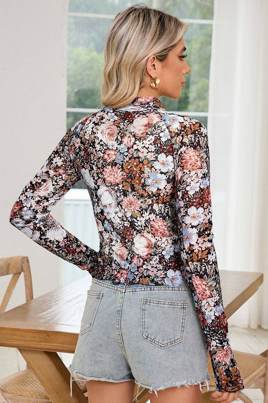 Floral Mesh High Neck Sheath Blouse-The chic mesh floral blouse is a delicate fusion of floral beauty and sophisticated style. The high neck design is perfect for a polished and professional look.-Reef Love