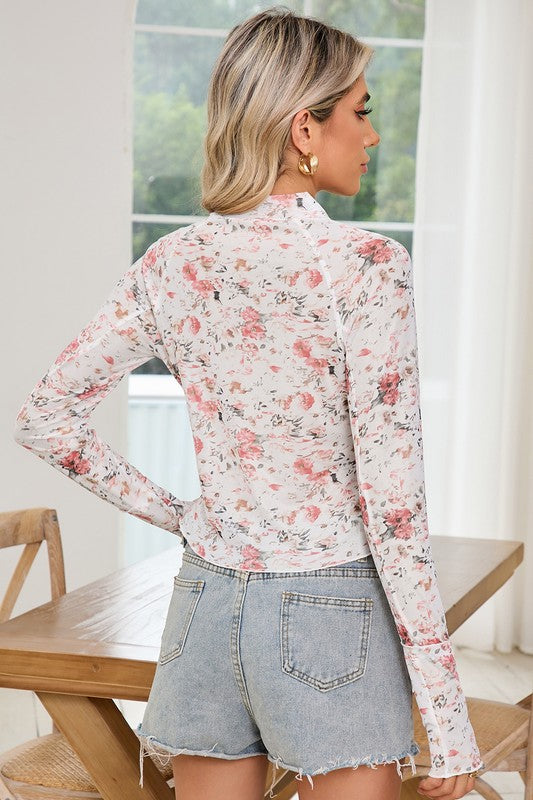 Floral Mesh High Neck Sheath Blouse-The chic mesh floral blouse is a delicate fusion of floral beauty and sophisticated style. The high neck design is perfect for a polished and professional look.-Reef Love