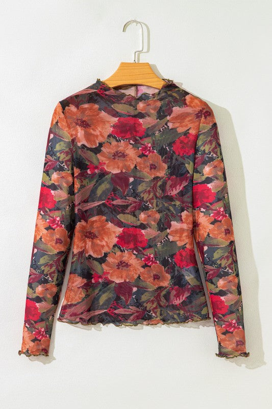 Floral Mesh Lettuce Trim Long Sleeve Top