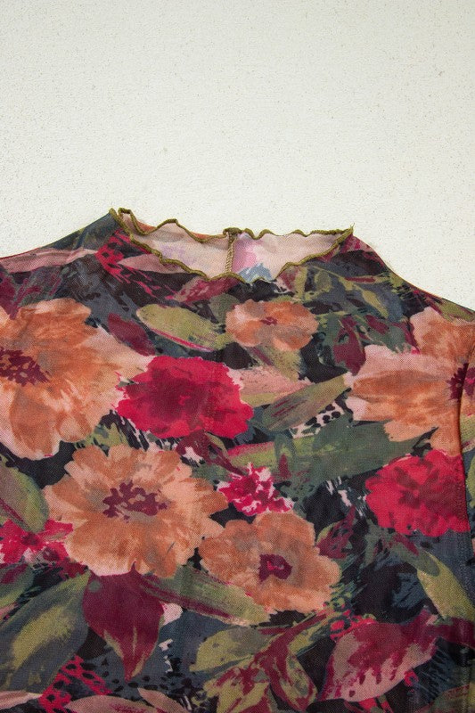 Floral Mesh Lettuce Trim Long Sleeve Top
