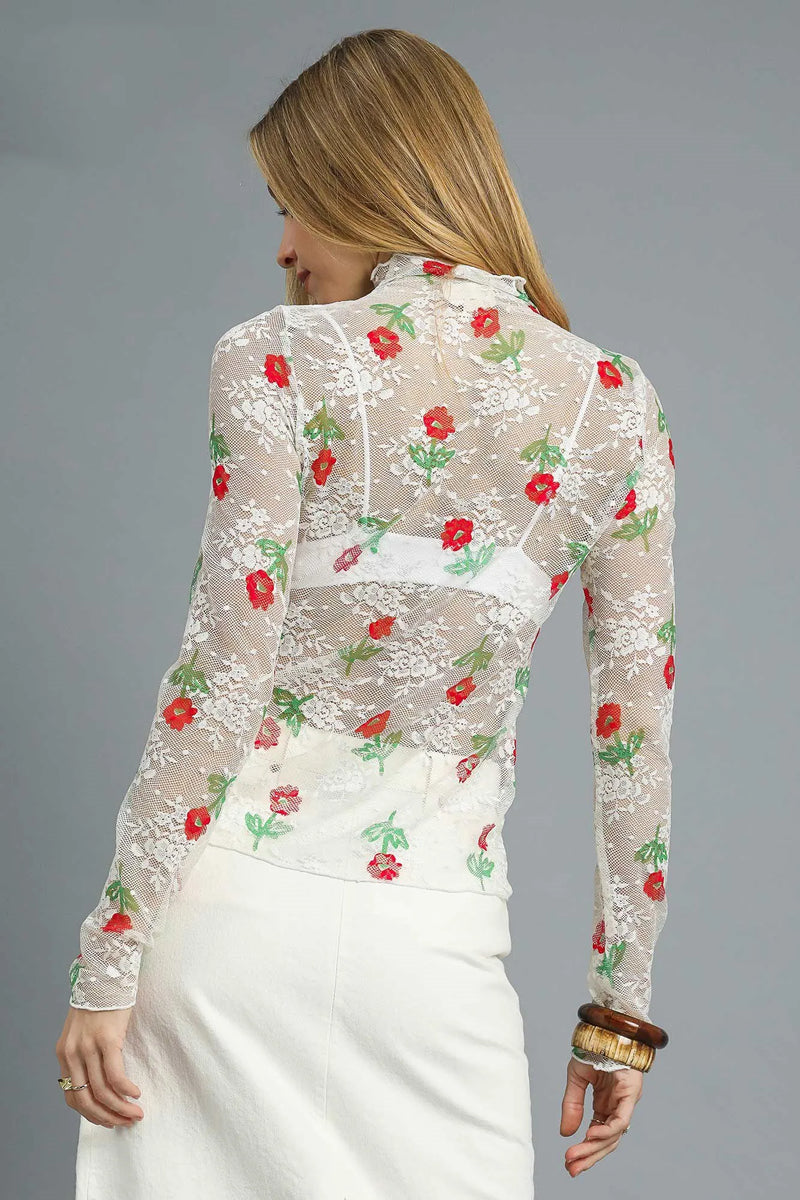 Floral Mock Neck Mesh Sheer Top-Mesh Shirt-Umgee-Reef Love