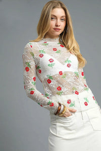 Floral Mock Neck Mesh Sheer Top-Mesh Shirt-Umgee-White-S-Reef Love