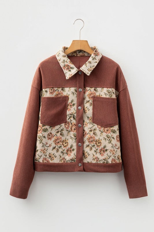 Floral Patchwork Ribbed Corduroy Shirt Jacket