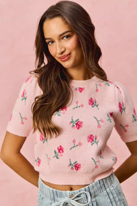Floral Pattern Knit Puff Short Sleeve Sweater- Boho Chic Styles by Reef Love