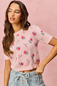 Floral Pattern Knit Puff Short Sleeve Sweater- Boho Chic Styles by Reef Love