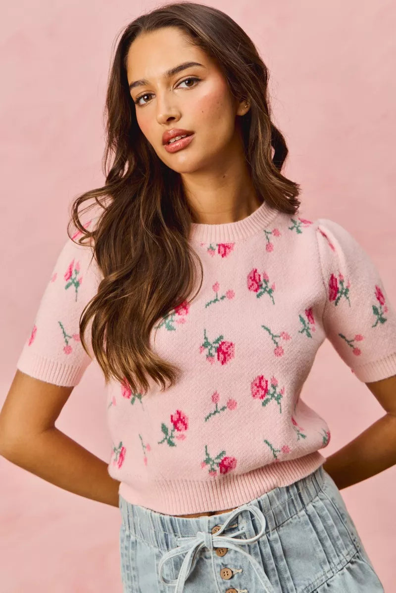 Floral Pattern Knit Puff Short Sleeve Sweater- Boho Chic Styles by Reef Love