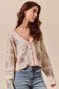 Floral Pattern Long Sleeve Button Sweater Cardigan-Reef Love