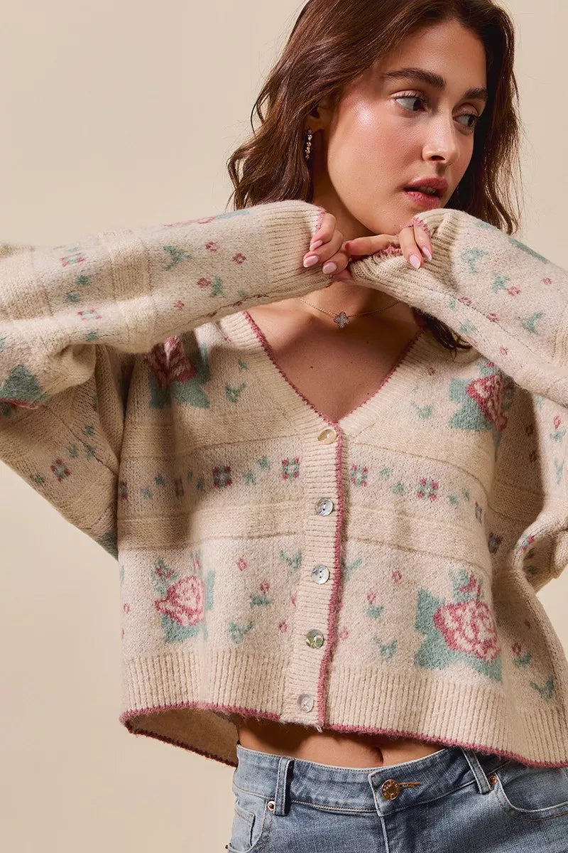 Floral Pattern Long Sleeve Button Sweater Cardigan-Reef Love