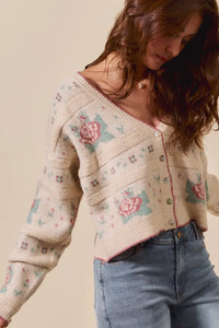 Floral Pattern Long Sleeve Button Sweater Cardigan-Reef Love