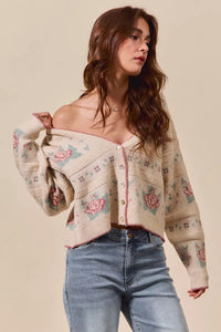 Floral Pattern Long Sleeve Button Sweater Cardigan-Reef Love