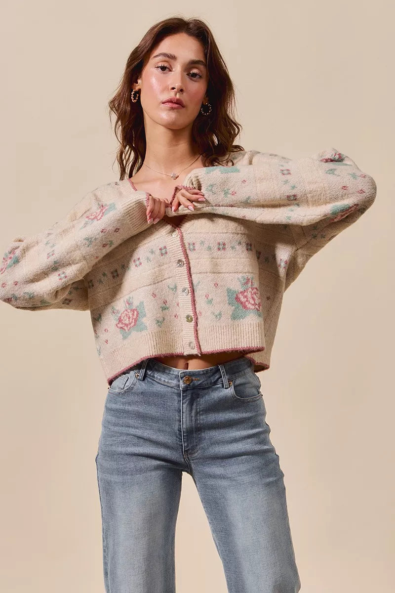 Floral Pattern Long Sleeve Button Sweater Cardigan-Reef Love