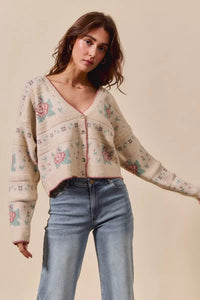 Floral Pattern Long Sleeve Button Sweater Cardigan-Reef Love