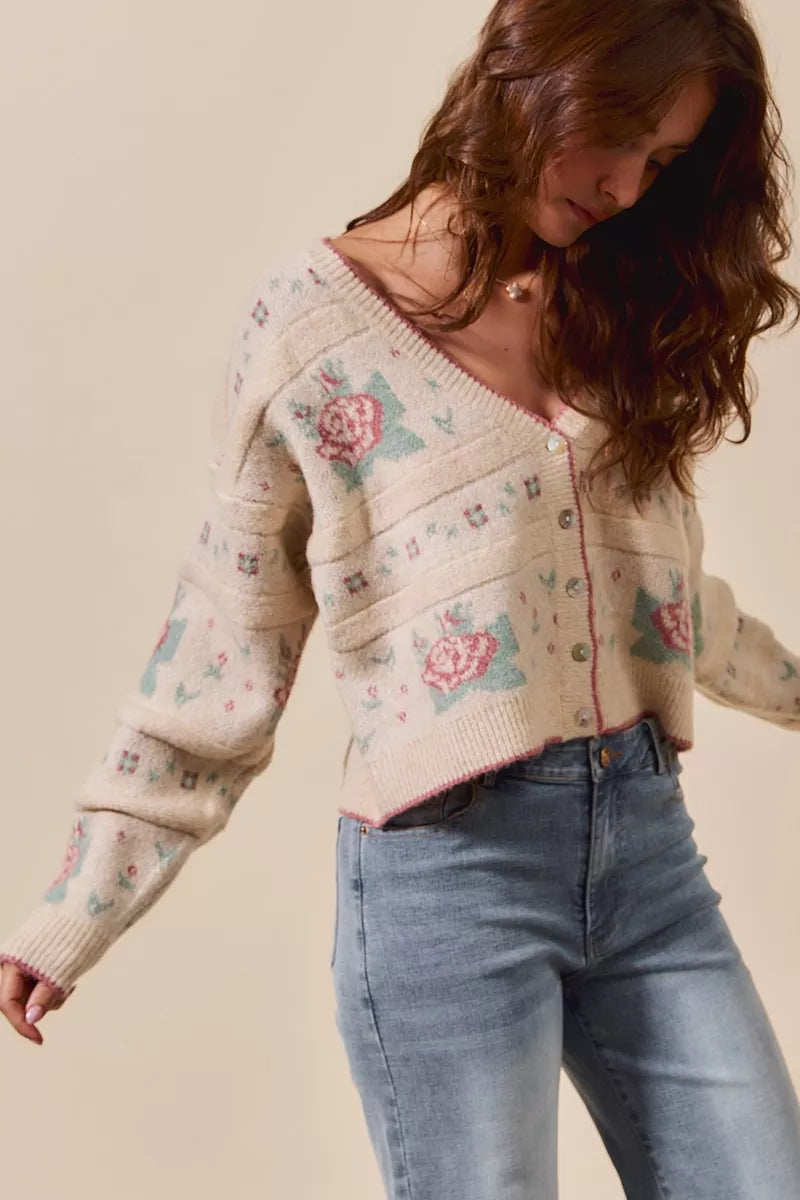 Floral Pattern Long Sleeve Button Sweater Cardigan-Reef Love