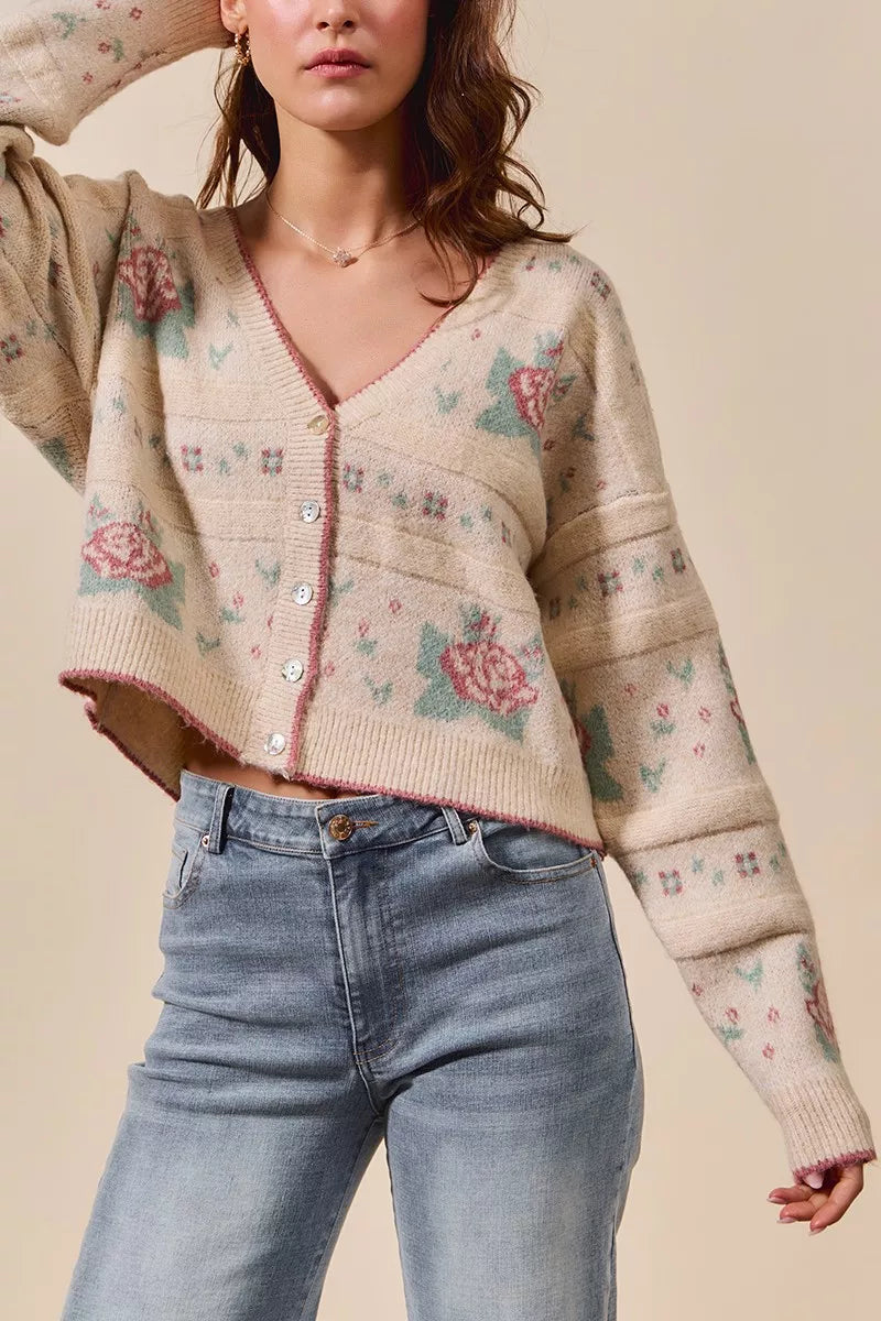Floral Pattern Long Sleeve Button Sweater Cardigan-Reef Love