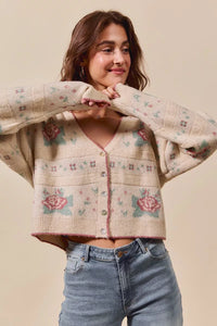 Floral Pattern Long Sleeve Button Sweater Cardigan-Reef Love