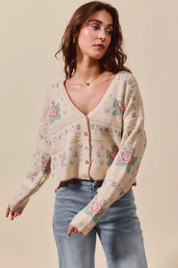 Floral Pattern Long Sleeve Button Sweater Cardigan-Reef Love