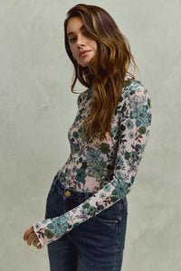 Floral Print Mesh Knit Long Sleeves Top