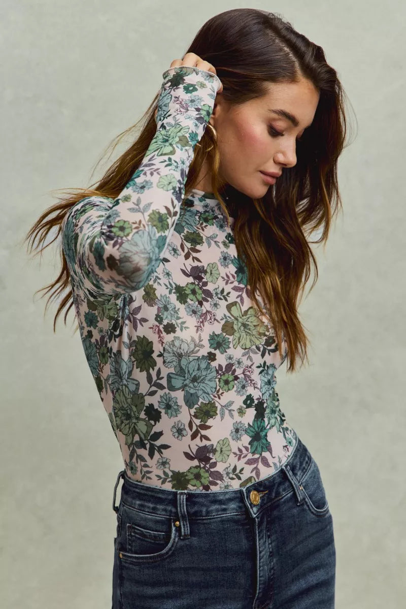 Floral Print Mesh Knit Long Sleeves Top