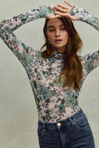Floral Print Mesh Knit Long Sleeves Top