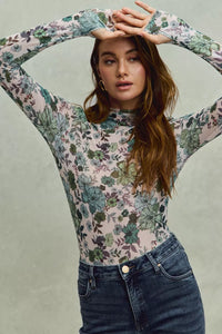 Floral Print Mesh Knit Long Sleeves Top