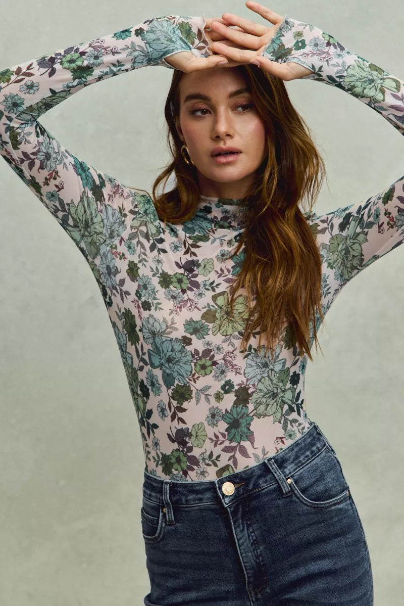 Floral Print Mesh Knit Long Sleeves Top