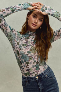 Floral Print Mesh Knit Long Sleeves Top
